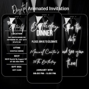 Digital Men Suit Birthday Dinner  Party Invitation, Editable Men Birthday Video Invite, Man Birthday Animated Invite, Birthday Dinner Party