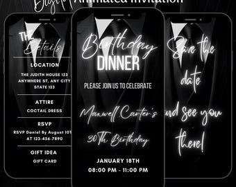 Editable Man Black Suit Birthday Video Invitation, Elegant Dinner Party Animated Invitation (Digital Download)
