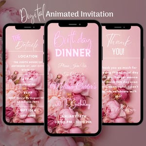 May include: A digital invitation for a 30th birthday dinner party. The invitation features a pink background with floral designs and the text "Birthday Dinner" in pink neon lettering. The invitation includes the date, time, location, attire, RSVP information, and gift ideas.