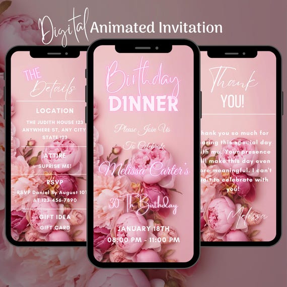 Digital Pink Birthday Dinner Invitation, Animated Floral Birthday Dinner Party Video Invitation, Pink Birthday Dinner Invitation Template