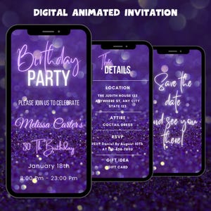 Digital Purple Birthday Party Invitation, Editable Birthday Party Animated Video Invitation, Purple Birthday Mobile Invitation Template