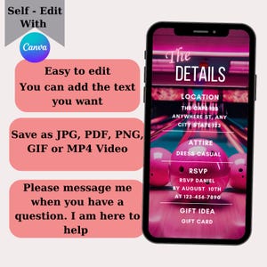 May include: A pink and black phone screen mockup with the text "The Details" in white. The screen shows information about a bowling-themed event, including the location, attire, RSVP details, and gift idea.