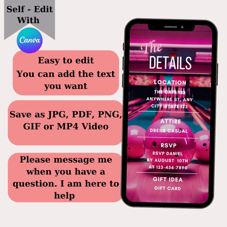 May include: A pink and black phone screen mockup with the text "The Details" in white. The screen shows information about a bowling-themed event, including the location, attire, RSVP details, and gift idea.