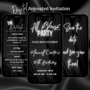 Digital All Black Birthday Party Invitation, Black Birthday Party Animated Invitation, Black Elegant Birthday Party Video Invite Template