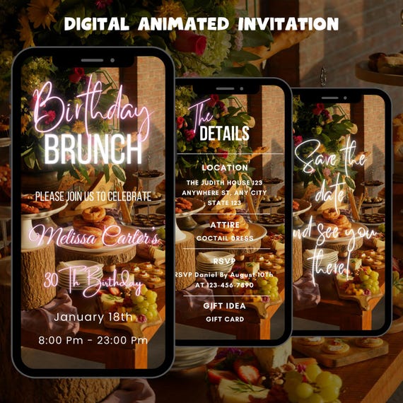 Birthday Brunch Invitation, Animated Birthday Video Invite, Editable Brunch Party Evite, Digital Invitation Template
