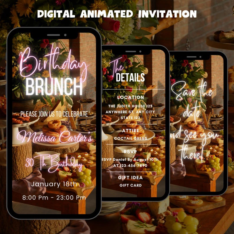 Puede incluir: Una invitaci&oacute;n digital para un brunch de cumplea&ntilde;os. La invitaci&oacute;n presenta un letrero de ne&oacute;n rosa que dice "Birthday Brunch" e incluye los detalles del evento, como la ubicaci&oacute;n, el atuendo y la informaci&oacute;n de RSVP. La invitaci&oacute;n tambi&eacute;n incluye una foto de una mesa con comida y bebidas.