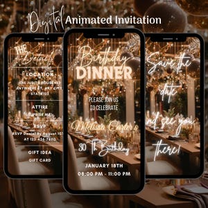 Digital Boho Birthday Dinner Invitation, Elegant Birthday Party Animated Invite, Editable Birthday Dinner Party Video Invitation Template