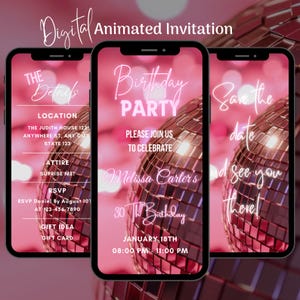 Digital Disco Birthday Party Invitation, Disco Birthday Party Animated Invitation, Editable Pink Disco Birthday Video Invitation Template