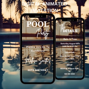 Editable Pool Party Invitation, Editable Pool Party, Digital Party Invitaton, Adult Mobile Invitation, Birthday Announcement Video