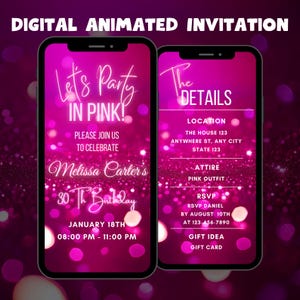 Bewerkbare Lets Party in roze verjaardagsuitnodiging, sjabloon digitale roze verjaardagsfeestje, geanimeerde roze videoverjaardagsuitnodiging