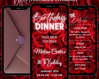 Animated Red Rose Birthday Video Invitation, Elegant Floral Editable Dinner Party Invite Template (Digital Download)
