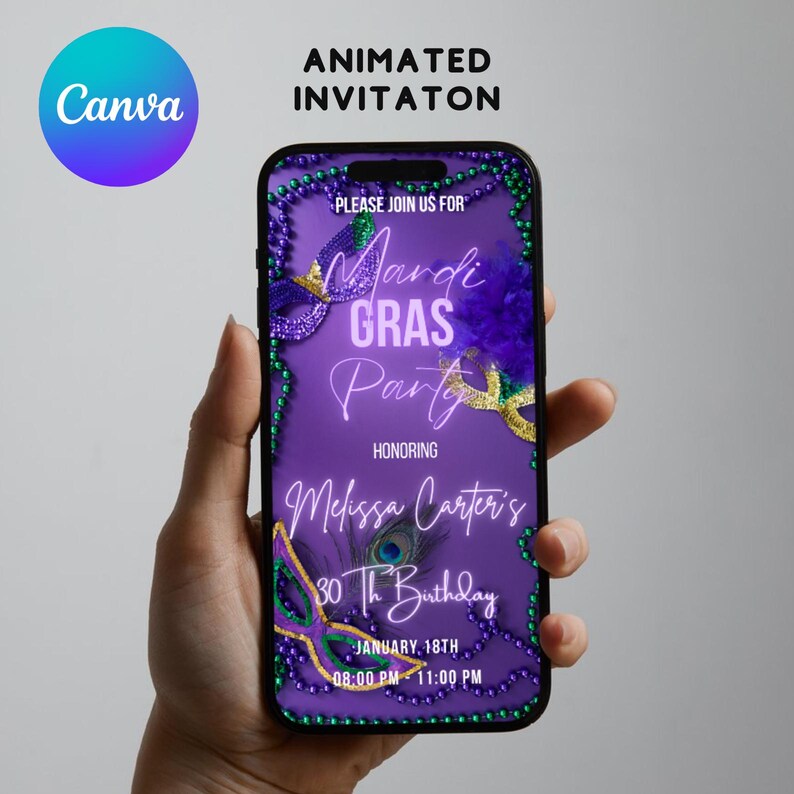 May include: Purple animated invitation for a Mardi Gras party celebrating a 30th birthday. The invitation features a purple background with gold and green Mardi Gras beads, masks, and feathers. The text reads "Please join us for Mardi Gras Party honoring Melissa Carter's 30th Birthday. January 18th, 08:00 PM - 11:00 PM."