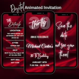 Digital Red 30th Birthday Invitation, Animated 30th Birthday Party Invitation, Editable 30th Video Invitation Template, Text Message Invite