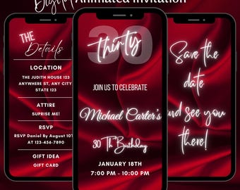 Animated Red 30th Birthday Video Invitation, Elegant Dinner Party Smartphone Invite, Editable Luxury Milestone Mobile Evite Template