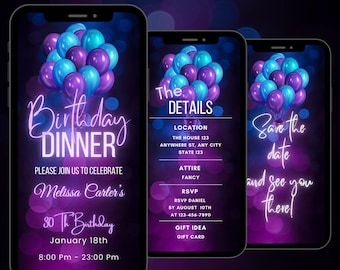 Digital Purple Dinner Invitation, Birthday Dinner Animated Invitation, Editable Dinner Party Digital Video Invite, Dinner Party Invitation