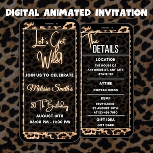 Invitación digital animada de cumpleaños "Let's Get Wild", invitación de video editable para fiesta de cumpleaños con estampado de leopardo.