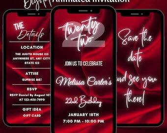 Digital Red 22nd Birthday Invitation, Animated 22nd Birthday Video Invite, Editable Party Evite