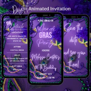 May include: Purple digital invitation for a Mardi Gras party honoring Melissa Carter's 30th birthday. The invitation includes the date, time, location, attire, RSVP information, and a gift idea. The invitation is decorated with Mardi Gras beads, masks, and feathers.