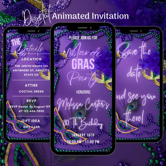 Editable Mardi Gras Party Invitation, Animated Masquerade Ball Birthday Invitation Template, Carnival Invite (Digital Download)