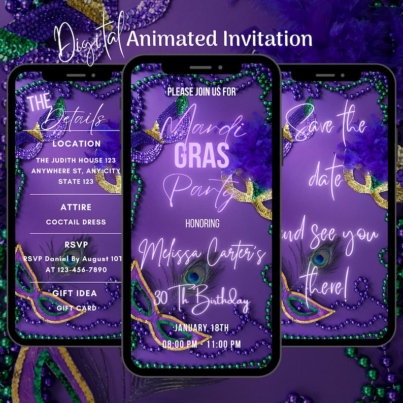 May include: Purple digital invitation for a Mardi Gras party honoring Melissa Carter's 30th birthday. The invitation includes the date, time, location, attire, RSVP information, and a gift idea. The invitation is decorated with Mardi Gras beads, masks, and feathers.