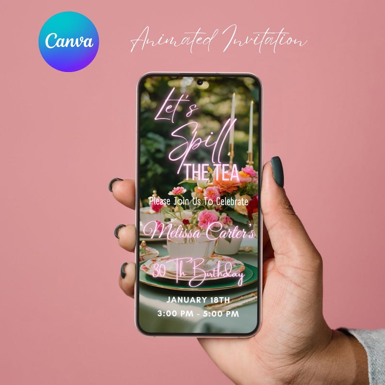 Pu&ograve; includere: Un invito animato rosa e bianco sullo schermo di uno smartphone. L'invito recita "Let's Spill The Tea" ed &egrave; per il 30&deg; compleanno di Melissa Carter. L'invito &egrave; per il 18 gennaio dalle 15:00 alle 17:00.