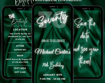 Animated Elegant 70th Birthday Invitation: Editable Green Dinner Party Video Invite, Digital Modern Mobile Evite