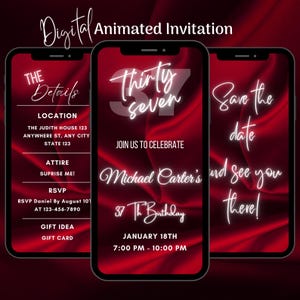 Digital Red 37th Birthday Invitation, Animated 37th Birthday Party Invitation, Editable 37th Video Invitation Template, Text Message Invite