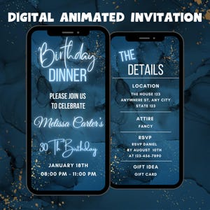 Digital Blue Birthday Dinner Party Einladung, Blue Dinner Party animierte Einladung, bearbeitbares elegantes blaues Geburtstagsparty-Video einladen,