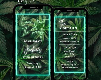 Editable Animated Neon Cannabis Weed Theme Birthday Party Invitation for Adults, Digital Birthday Party Video Invite, 420 Birthday Party,