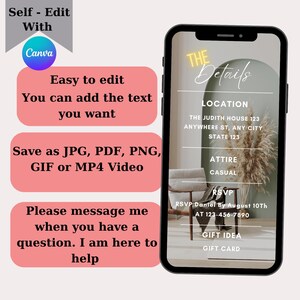 Puede incluir: Una plantilla de invitaci&oacute;n digital con un fondo verde y una silla blanca. El texto "THE Details" est&aacute; en un c&iacute;rculo amarillo. La invitaci&oacute;n incluye la ubicaci&oacute;n, el atuendo, la informaci&oacute;n de RSVP y la idea de regalo.