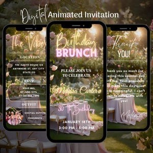 Digital Floral Birthday Brunch Invitation, Animated Birthday Brunch Video Invitation, Editable Pink Brunch Party Invitation Template