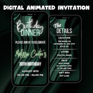 Editable Green Birthday Dinner Invitation, Animated Dinner Party Invitation,Modern Birthday Party Digital Video Invite Birthday Party Invite