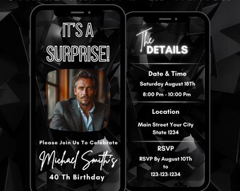 Surprise Birthday Invitation for Men with Photo, Animated Elegant Dinner Party Mobile Invite, Editable Elegant Mobile Evite