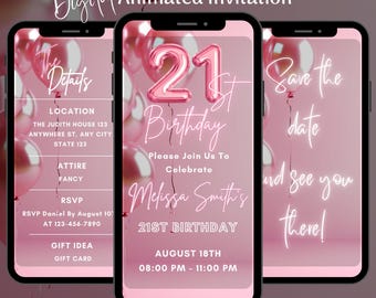 Invitación digital rosa para 21 cumpleaños, invitación animada con globos rosas editables para chicas de 21 años, plantilla de video invitación para fiesta rosa de 21 cumpleaños