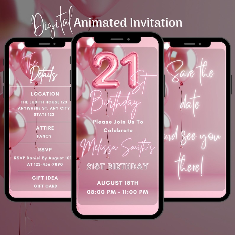 Pu&ograve; includere: Un invito digitale per una festa di 21&deg; compleanno. L'invito presenta uno sfondo rosa con palloncini rosa e il testo "21&deg; compleanno" in un font rosa al neon. L'invito include anche la data e l'ora della festa, nonch&eacute; la posizione e l'abbigliamento.