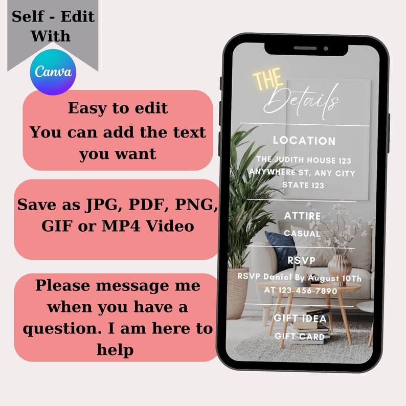 May include: A digital invitation template with a photo of a living room interior. The text "The Details" is highlighted in yellow. The invitation includes information about the location, attire, RSVP details, and gift ideas.