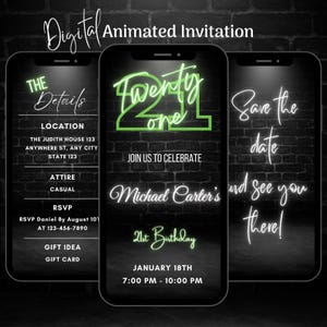 Digital Green 21st Birthday Party Invitation, Editable Animated Neon Green 21st Birthday Invitation, 21st Birthday Video Invitation Template