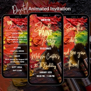 Digital Sip & Paint Invitation, Animated Birthday Celebration Invite, Art Party Invitation, Editable Sip and Paint Party Invitation Template