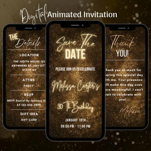 Digital Gold Glitter Digital Birthday Save the Date Invitation, Gold Save the Date Birthday Video Invitation, Birthday Party Animated Invite