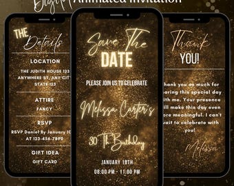 Gold Glitter Digital Birthday Save the Date Invitation, Animated Eleant Birthday Party Video Invite