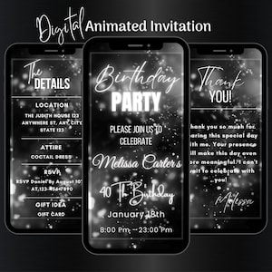 Digital Balck and Silver Birthday Party Invitation, Editable Birthday Party Video Invitation, Birthday Dinner Party Invitation Template