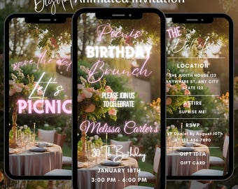 Floral Birthday Picnic Video Invitation, Editable Animated Tea Party Evite Template, Brunch Party Text Invite (Digital Download)