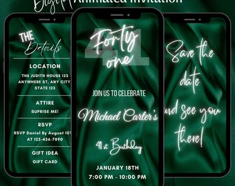 Editable Elegant 41st Birthday Video Invitation, Animated Green Dinner Party Invite Template (Digital Download)