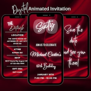 Digital Red 60th Birthday Invitation, Animated 60th Birthday Party Invitation, Editable 60th Dinner Party Evite Video Invitation Template