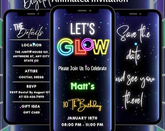 Digitale Glow-Geburtstagsfeier-Einladung, bearbeitbare Neonlichter-Geburtstags-Video einladen, Glow-Party-Einladungsvorlage, animierte Glow-Einladung
