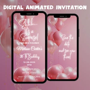Invitación de cumpleaños sorpresa digital rosa, invitación de video sorpresa de cumpleaños con globos rosas, plantilla de invitación de cumpleaños sorpresa editable