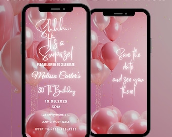 Digital Pink Surprise Birthday Invitation, Pink Baloon Surprise Birthday Video Invitation, Editable Surprise Birthday Invitation Template