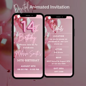 Editable Pink 14th Birthday Invitation, Animated 14th Party Video Invite Template(Digital Download)