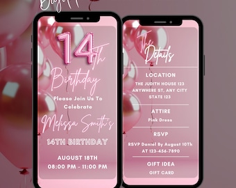 Editable Pink 14th Birthday Invitation, Animated 14th Party Video Invite Template(Digital Download)