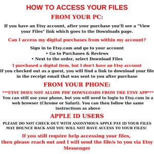 May include: A white background with red text provides instructions on how to access digital files purchased on Etsy. The text covers accessing files from a PC and phone, and addresses issues for guest buyers and Apple ID users.